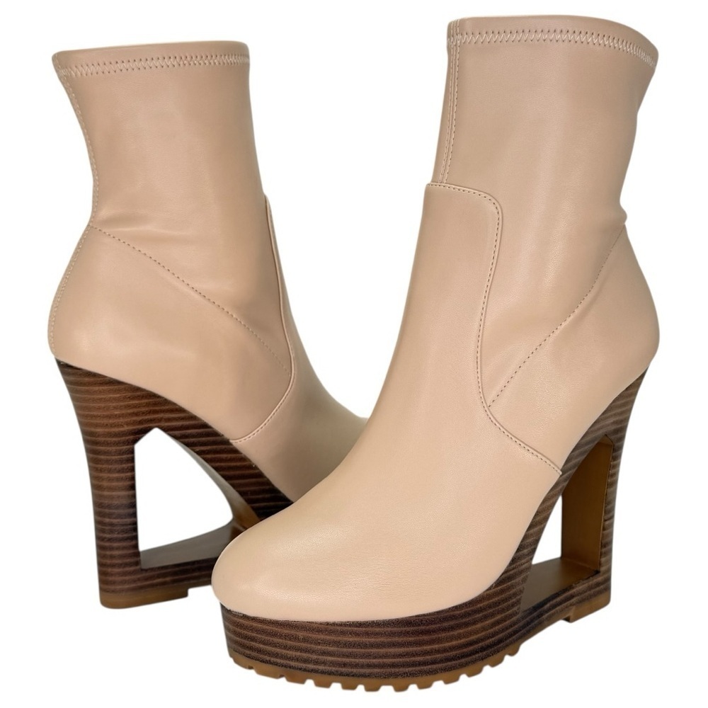 Aminah Ava Tan Faux Leather Heeled Womens Sock Booties Size 8M - Picture 14 of 16
